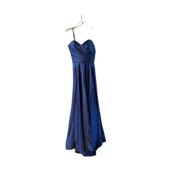 La Femme Navy Blue Strapless Slit Satin Ballgown - Picture 4 of 9